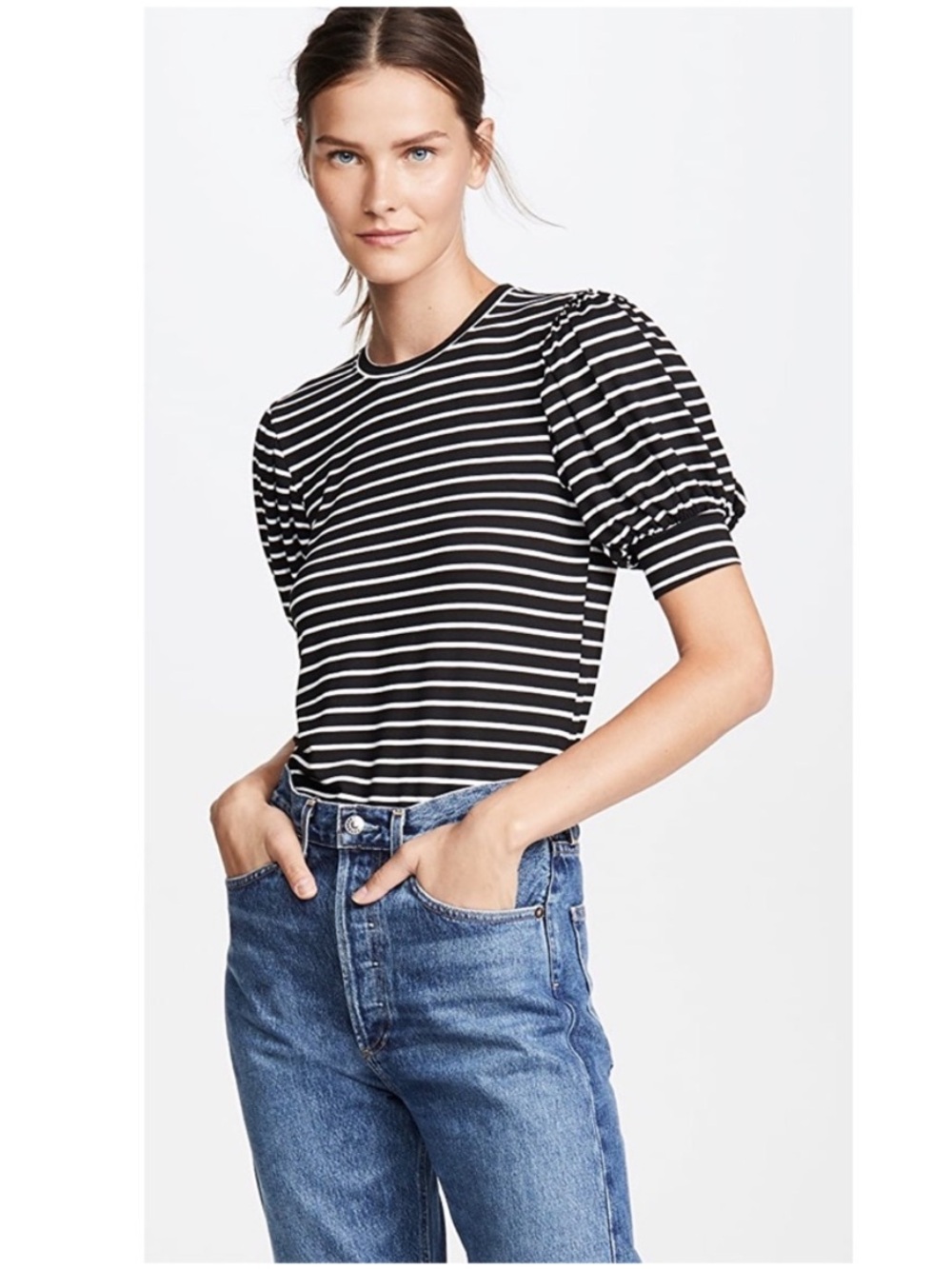 Frame Denim Black and White Striped Short Sleeve Ballon Puff Top Size M